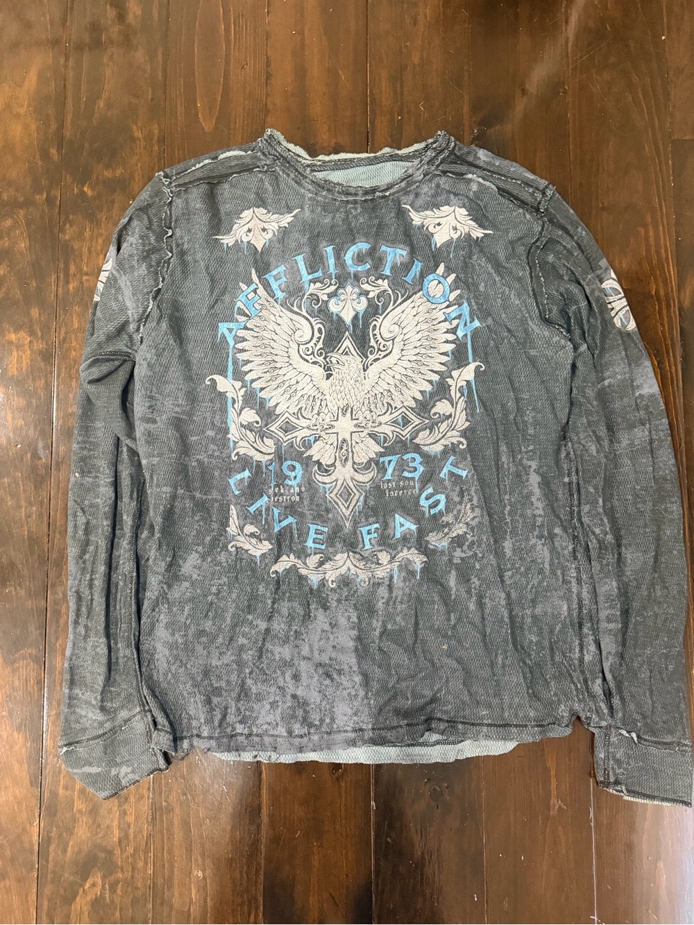 Affliction Black Charcoal Long-Sleeve Graphic Thermal with Blue & Cream Eagle